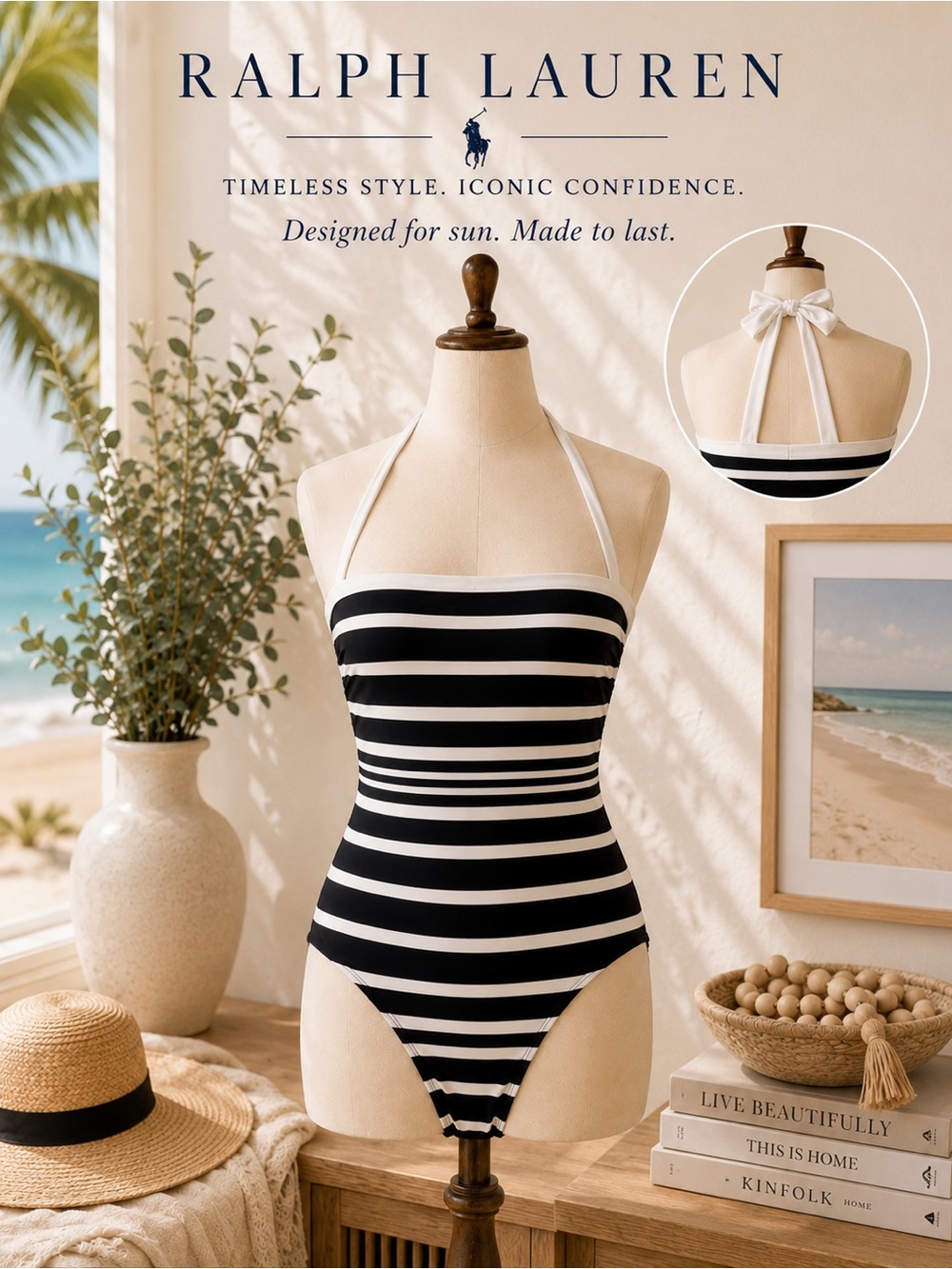 Ralph Lauren Black and White Striped Halter One-Piece Swimsuit Size 14 EUC - Picture 2 of 10